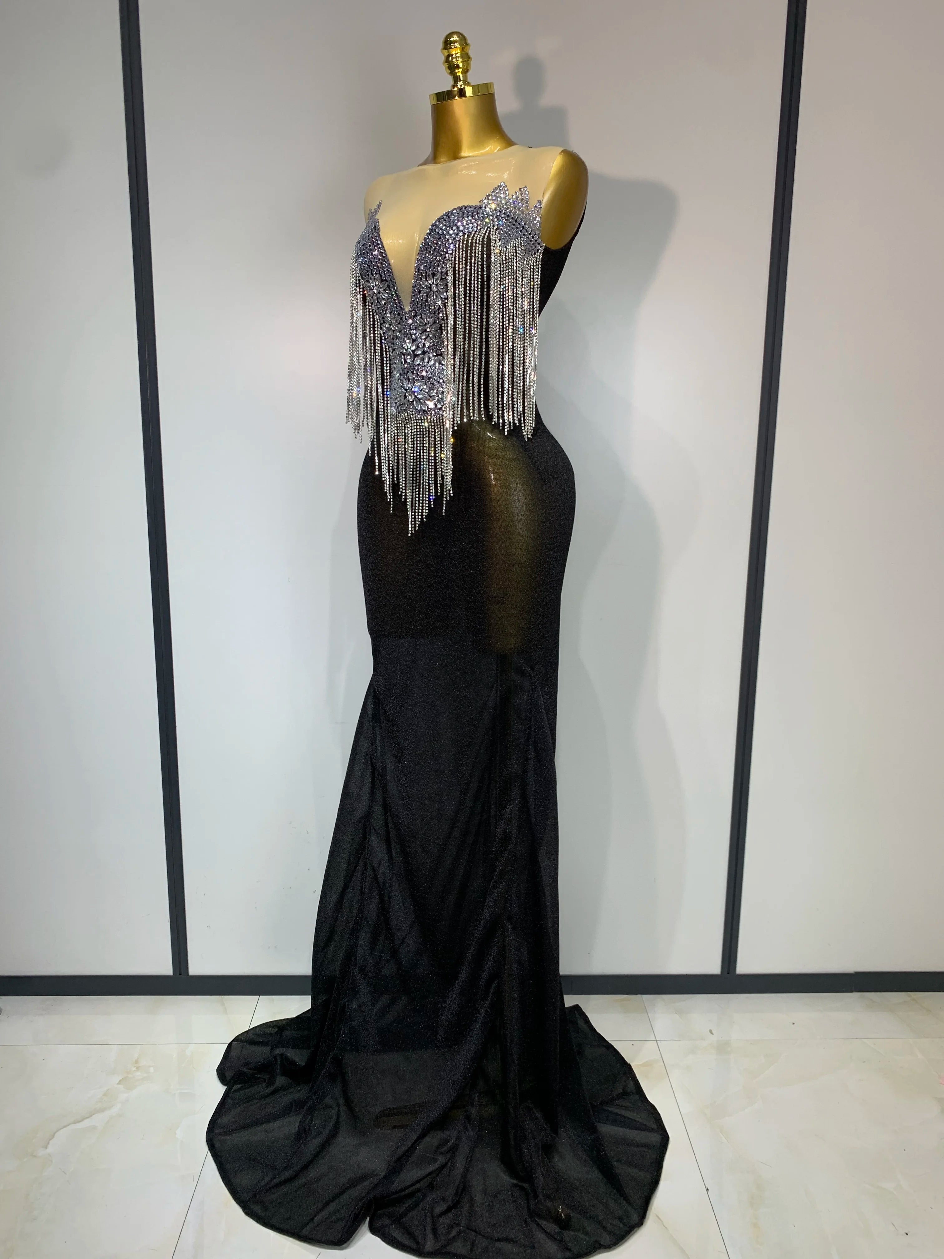 Women Sexy Sparkly Rhinestones chain Celebrity Elegant Maxi Long Dress Luxury Birthday Prom Gowns Stage Show Performance Costume