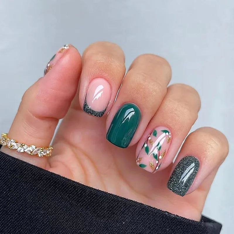 24 peças unhas curtas retrô com design de flores, arte para manicure, unhas postiças rosa, unhas postiças quadradas vestíveis, pontas de unhas com cobertura total