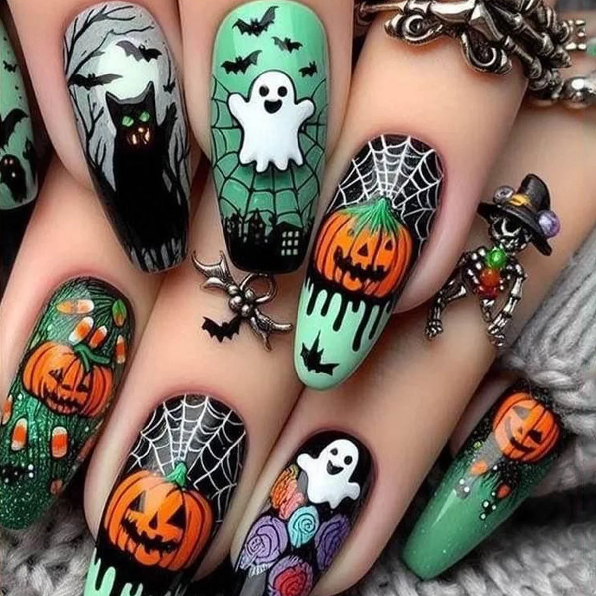 24pcs Mid-length Ballet Fake Nails Art Halloween Pumpkin Spider Design Pink Coffin False Nail Sets Phantom Press on Nails Tips