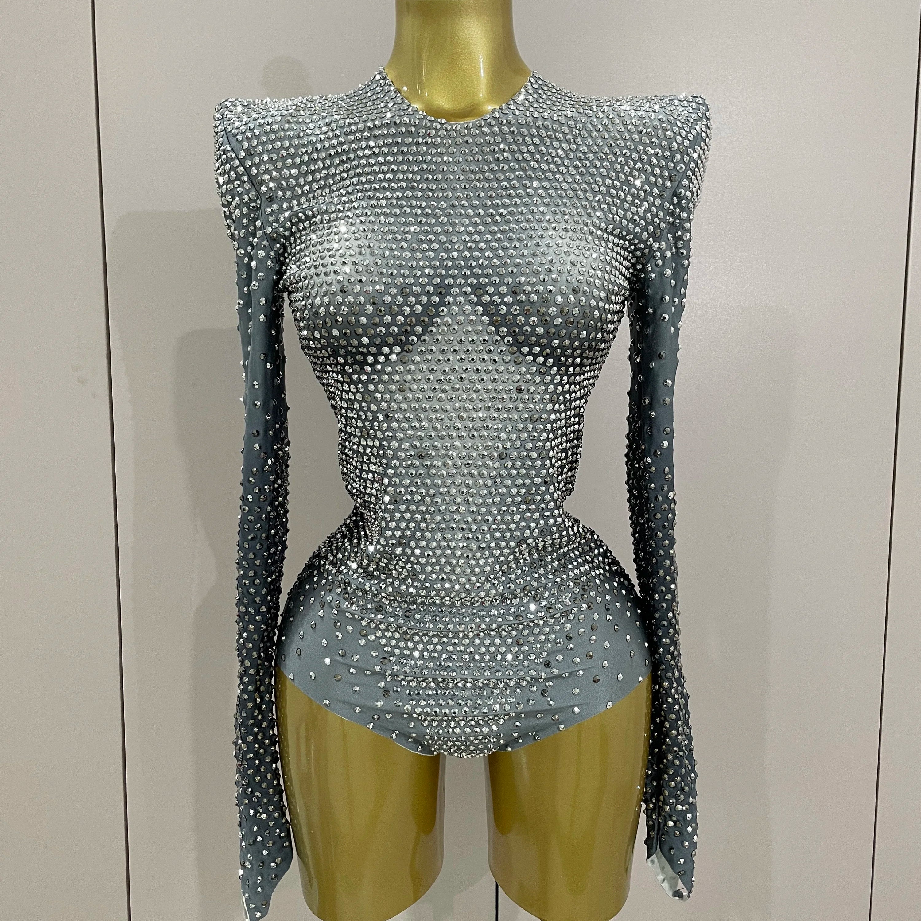 Sparkle Silver Rhinestones Long Sleeve Stretch Bodysuits 2025 New Women Evening Luxury Birthday Party Sexy Nightclub Stage Costu