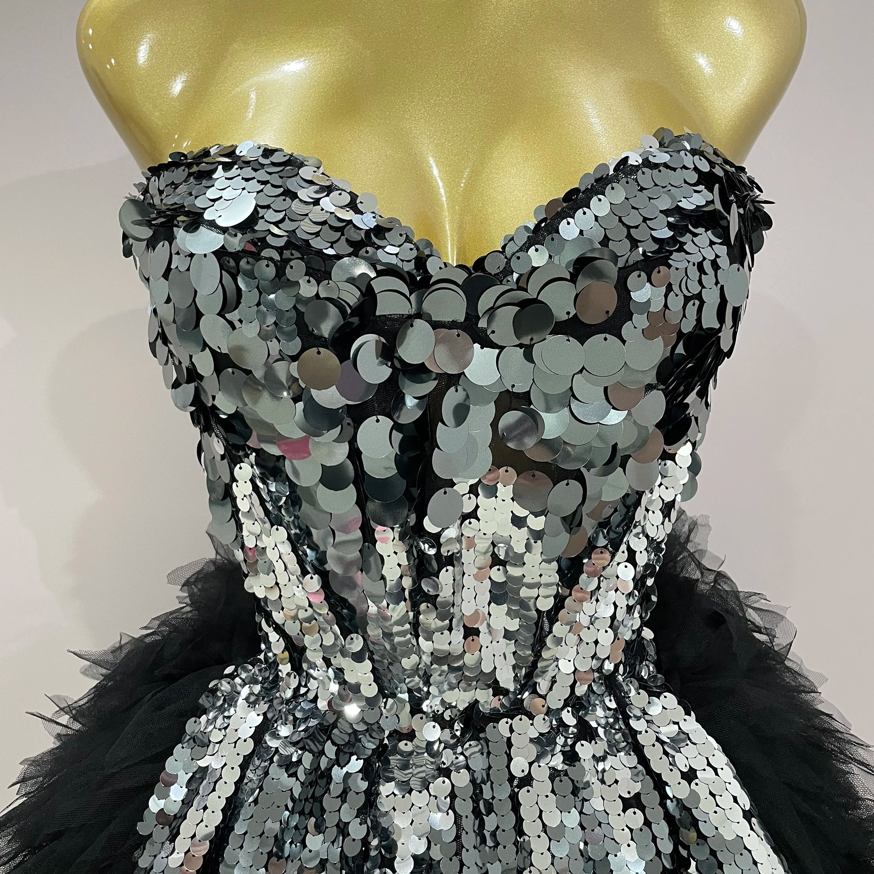 Sparkly Black Sequins Two Pieces Set 2025 Women Party Evening Prom Celebrate Birthday Dress Nightclub Photo Shoot Stage Costume