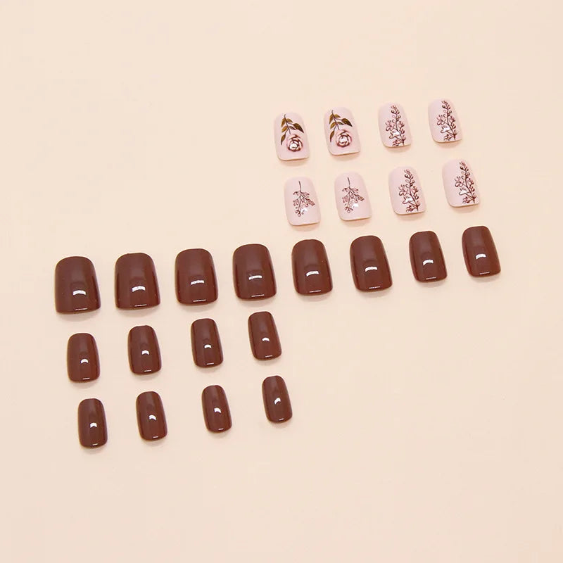 24pcs Simple Brown Rose Press on Nails Solid Color Lines Fake Nail Tips Women Wearable Cover Fashion Short Side False Nails