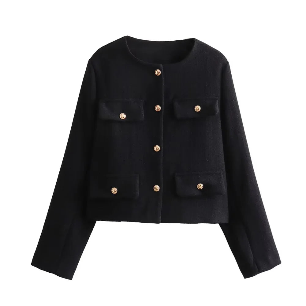 Women's Fashion and Casual Versatile Round Neck Single breasted Flap Decoration Suit Coat black