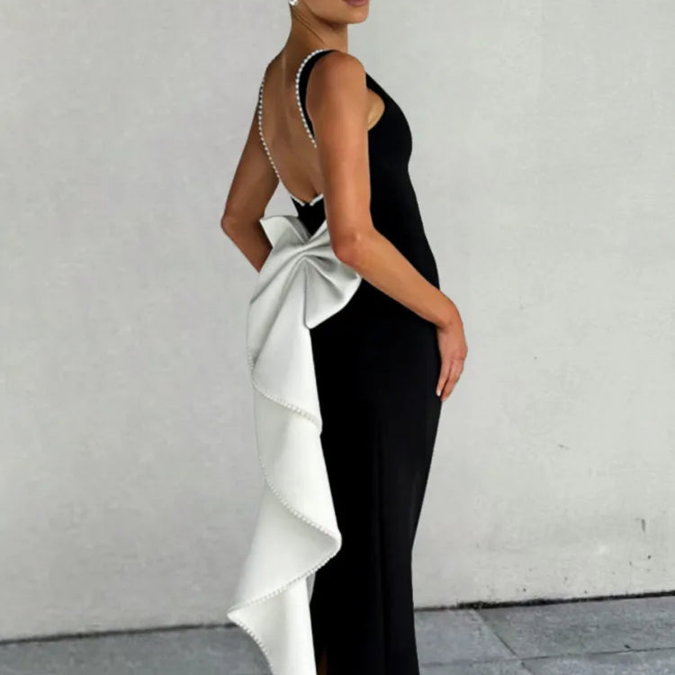 Elegant Pearl Bow Backless Sexy Maxi Dress Women Gown Fashion Sleeveless High Waist A-line Club Party Long Dress