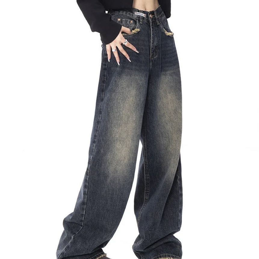 Y2K Cargo Jeans Pants Women Street Loose Oversize Panelled Pentacle Raw Hem Pant 2024 Vintage Blue Hip Hop Female Denim Trousers DEEP BLUE