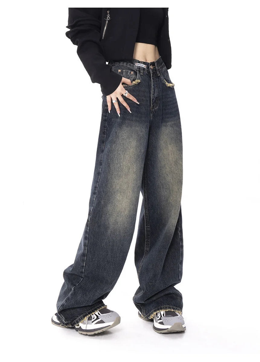 Y2K Cargo Jeans Pants Women Street Loose Oversize Panelled Pentacle Raw Hem Pant 2024 Vintage Blue Hip Hop Female Denim Trousers DEEP BLUE