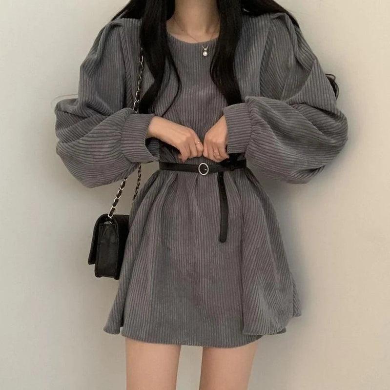 Corduroy Dress Women Vintage Belt Slim Long Sleeve Mini Dresses Fashion Elegant Solid O Neck Chic Streetwear Fall Winter grey-belt