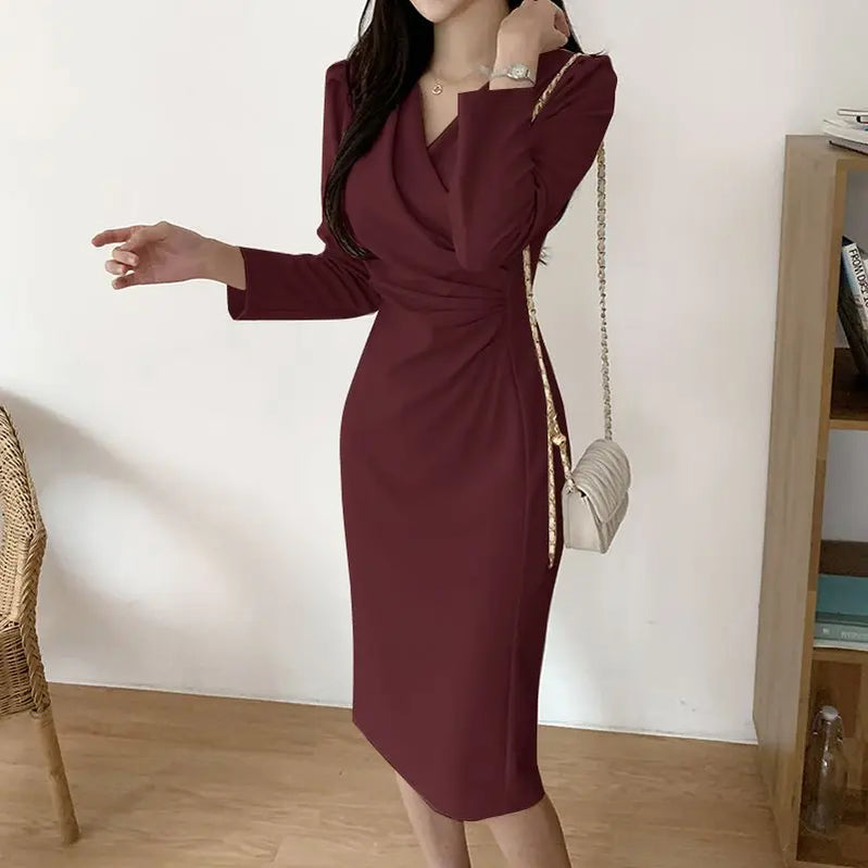 Fashion Bodycorn Dress Spring V-Neck Long Sleeve Sundress Solid Color Pleated Midi Robe Female Elegant Sexy Vestidos Wine Red
