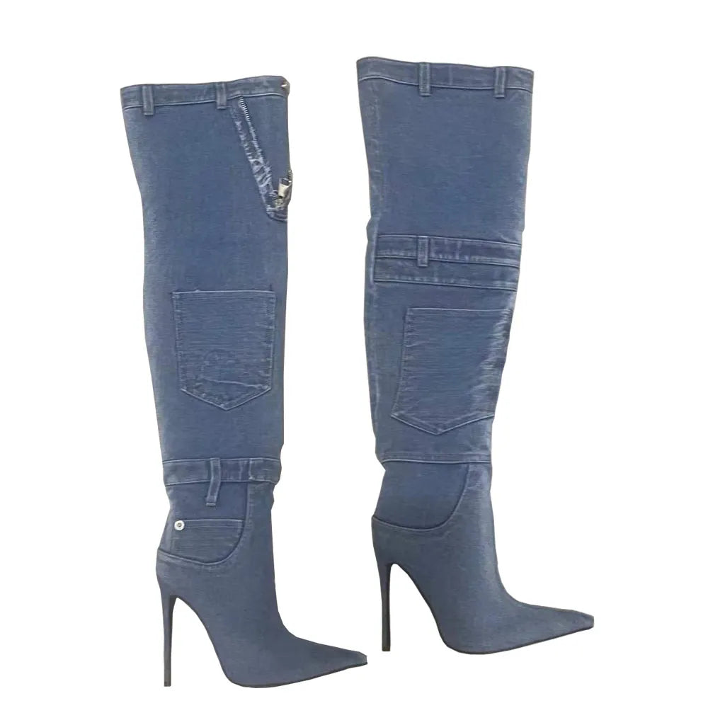 YJXKJY Women Worn Washed Cloth Over The Knee Boots Sexy Ladies Dilapidated Blue Denim Pocket Pointed Toe High Heels Party Shoes Blue Long B