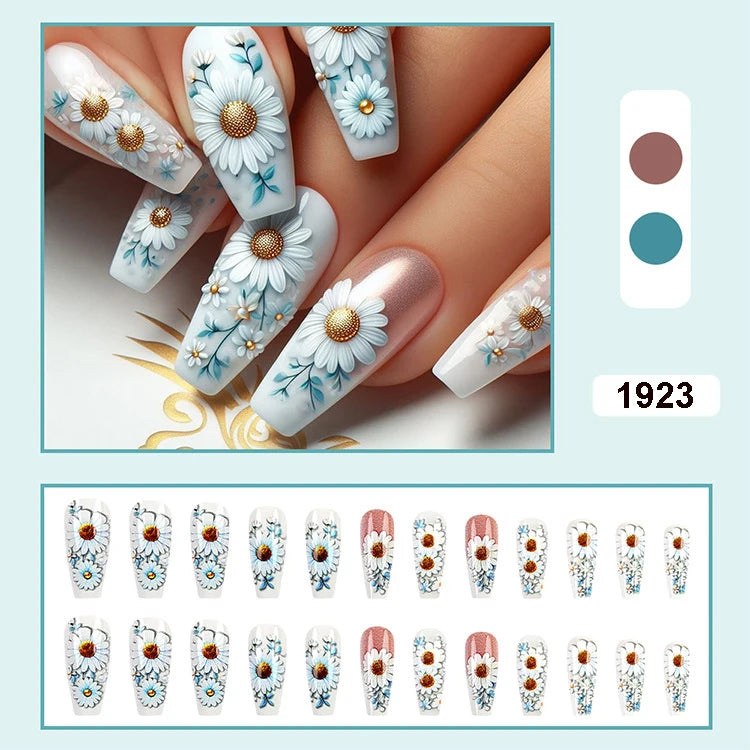 24pcs/set Meduim long fake nails for women peach flowers heart for Spring summer Square faux ongles press on false nail art tips