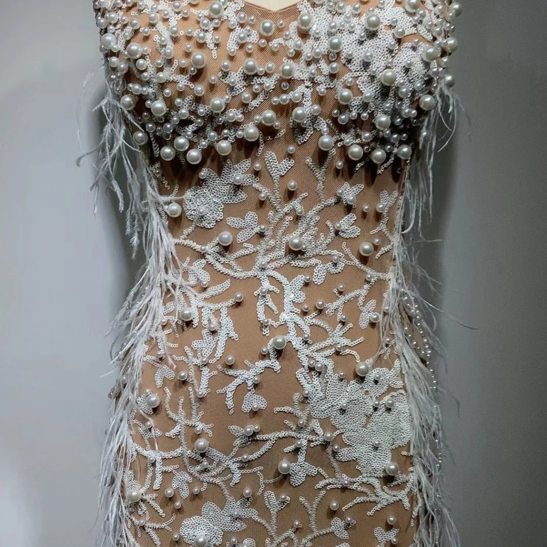 High Quality Gorgeous Feathers Beading Spaghetti Strap Bodycon Long Dress Woman Evening Dress Celebrity Birthday Party Outfit