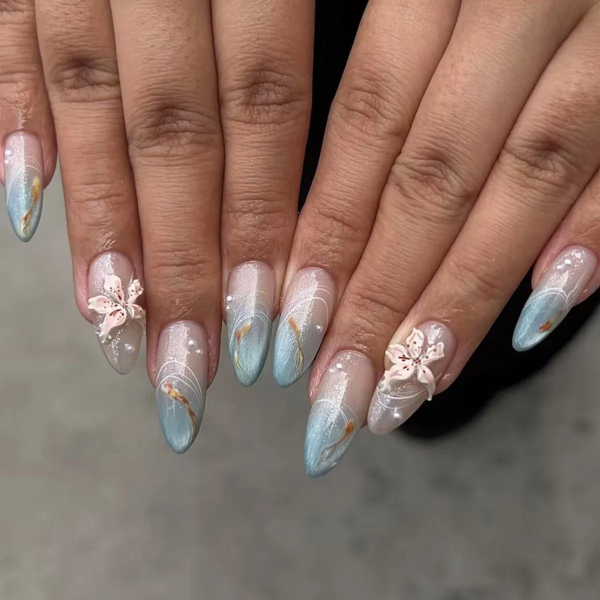 24pcs 3D Carved Petal Decor False Nails Gradient Blue Almond Fake Nails Tips Wearable Detachable Spice Girl Press on Nails