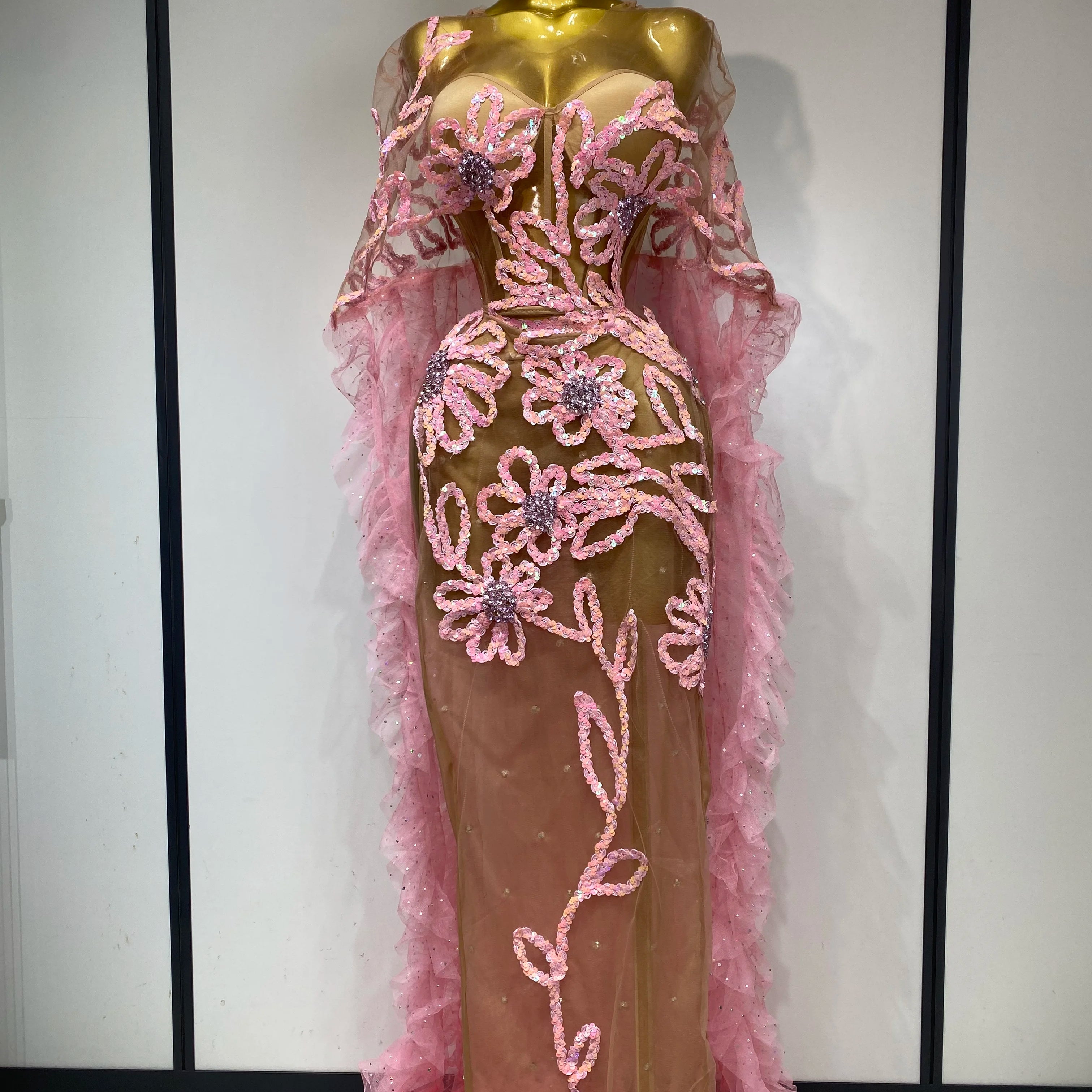 Women Sexy Mesh See Through Sequins Pink Maxi Long Dress Sparkly Sequin Evening Party Costume Stage Performance Birthday Dress