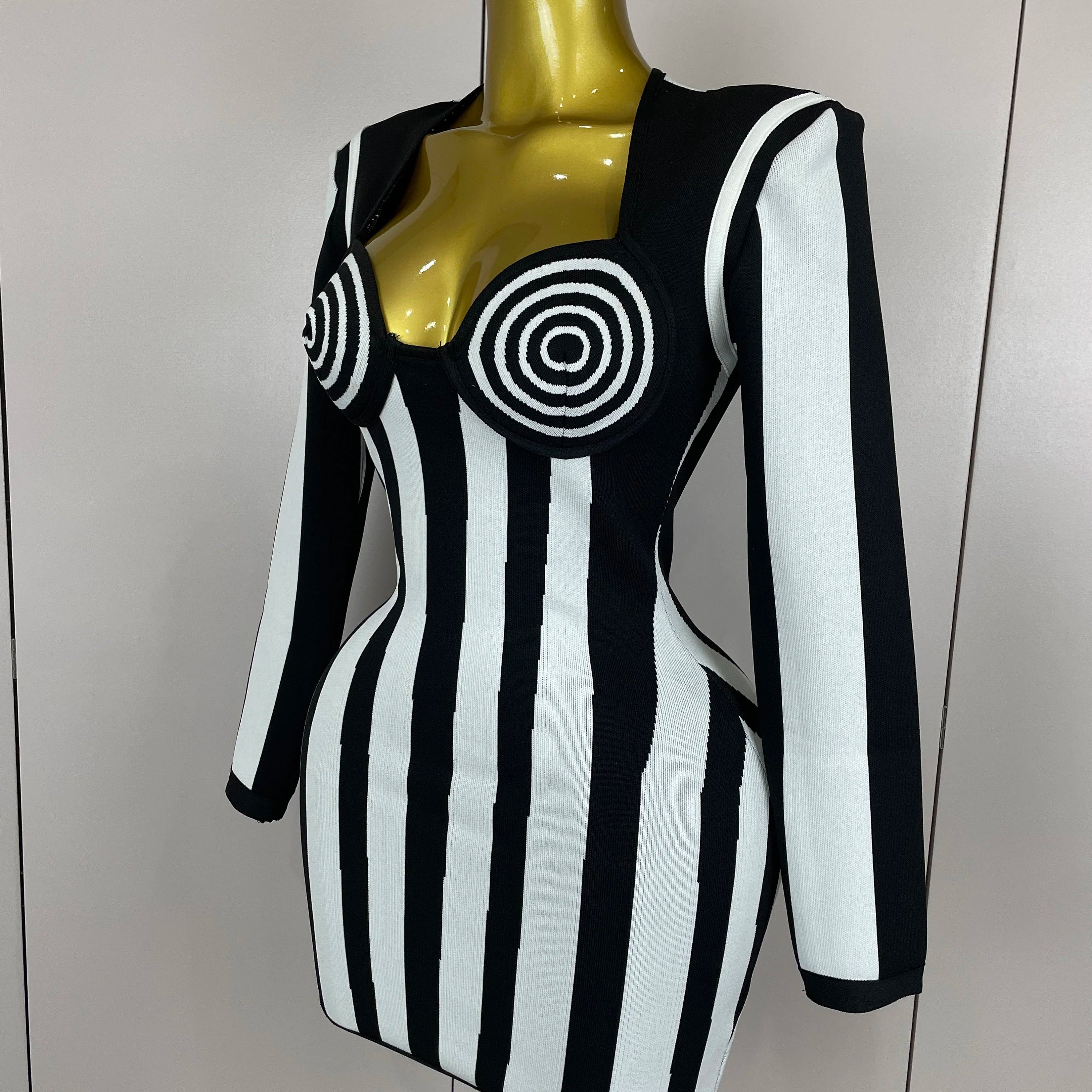 Vestido de bandagem luxuoso, sexy, de manga comprida, listrado, preto e branco, feminino, de malha, elegante, para noite, para clube, aniversário, 2025