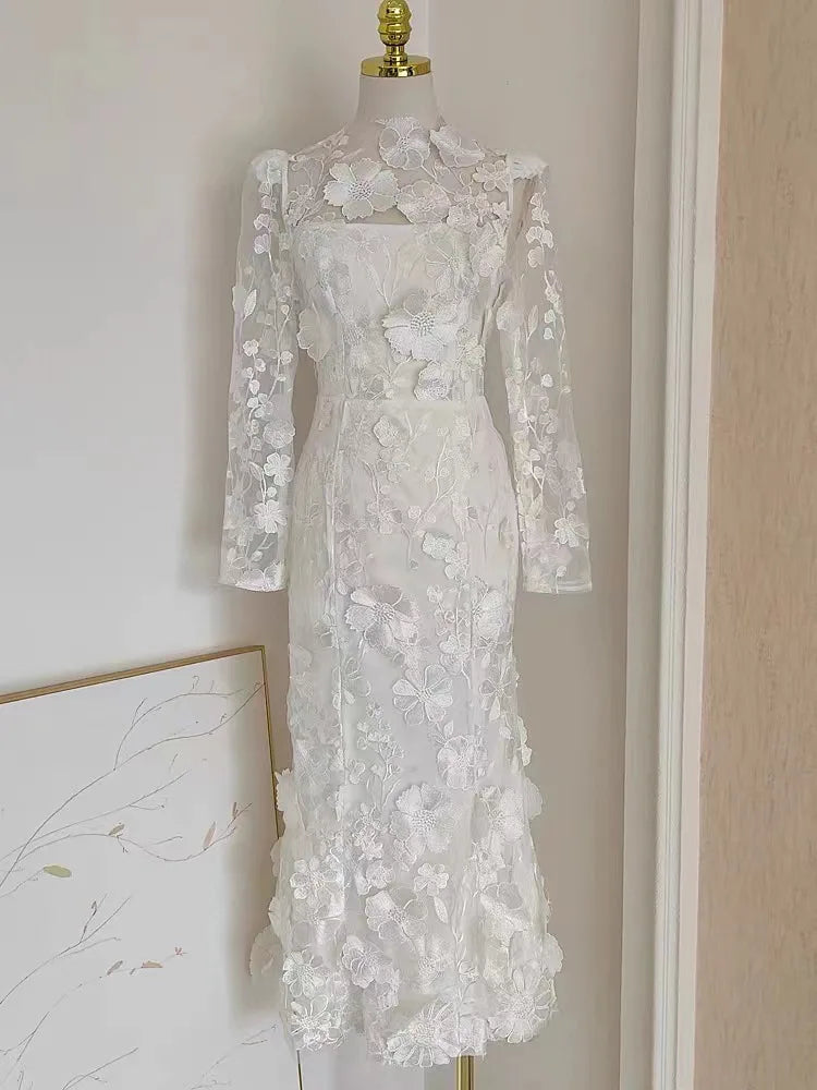 JAMERARY Runway Spring/Summer New Mesh 3D Flower Embroidery Perspective Evening Prom Dress Women Holiday Robe Vestido Party white longsleeve