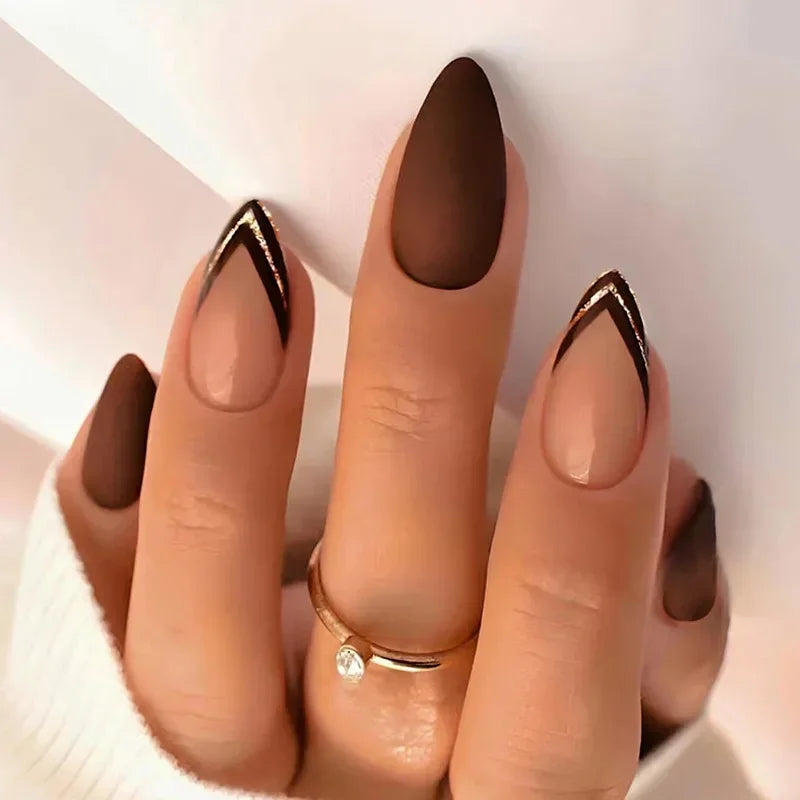 24Pcs Mid-length False Nails with Almond Head Design Brown Gold Lines Fake Nails Oval Wearable French Press on Nail Tips