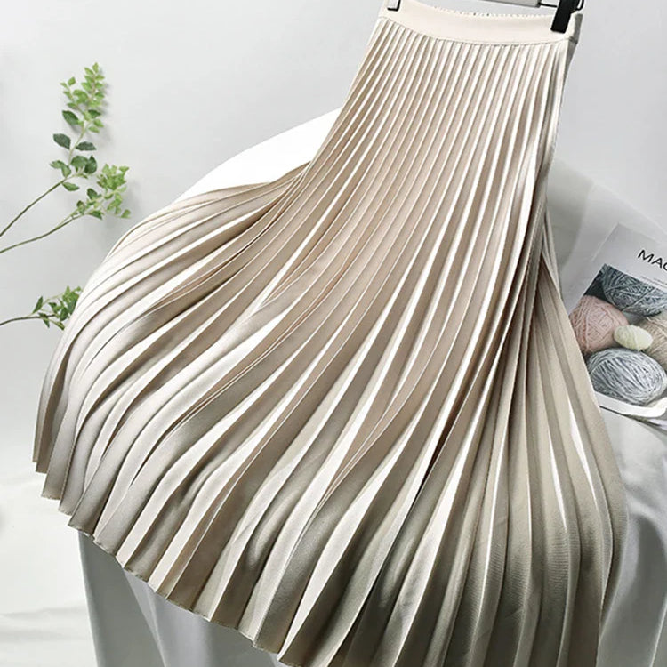 Brand Designer Women Spring Autumn Elegant Chic Solid Pleated Skirt High Waist Luxury Fashion With Elastic Female C-035 Beige