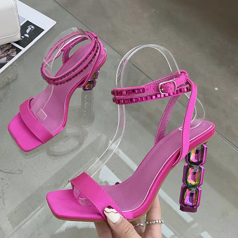Sexy Sparkly Stacked Crystal Heel Sandals Woman Summer Thin Embellished Ankle Straps High Heel Shoe for Women Pumps