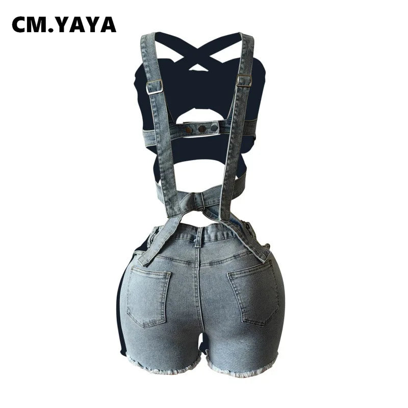 CM.YAYA Sexy Holiday Denim Women's Set Halter Neck Crop Tops and Ripped Out Shorts Jeans 2025 Summer Two 2 Piece Sets Outfit