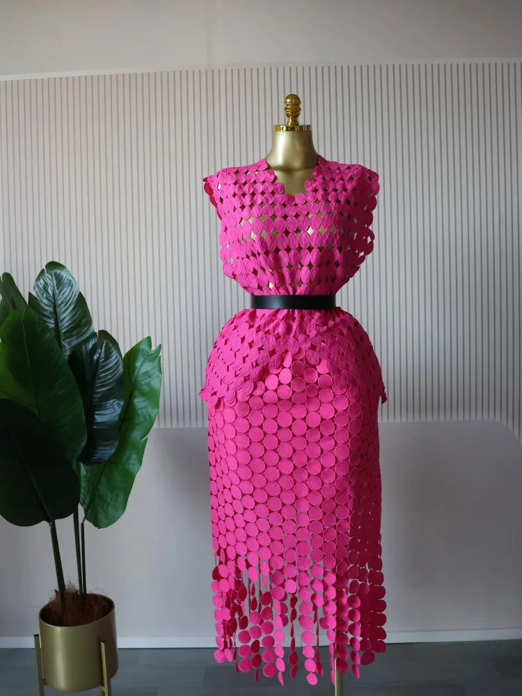 CM.YAYA Women Cutout O-neck Crop Top and Bodycon Midi Slim Maxi Long Skirt Suit 2025 Summer Vacation Sexy Two 2Piece Set Outfits Rose red-Rose r-belt One Size