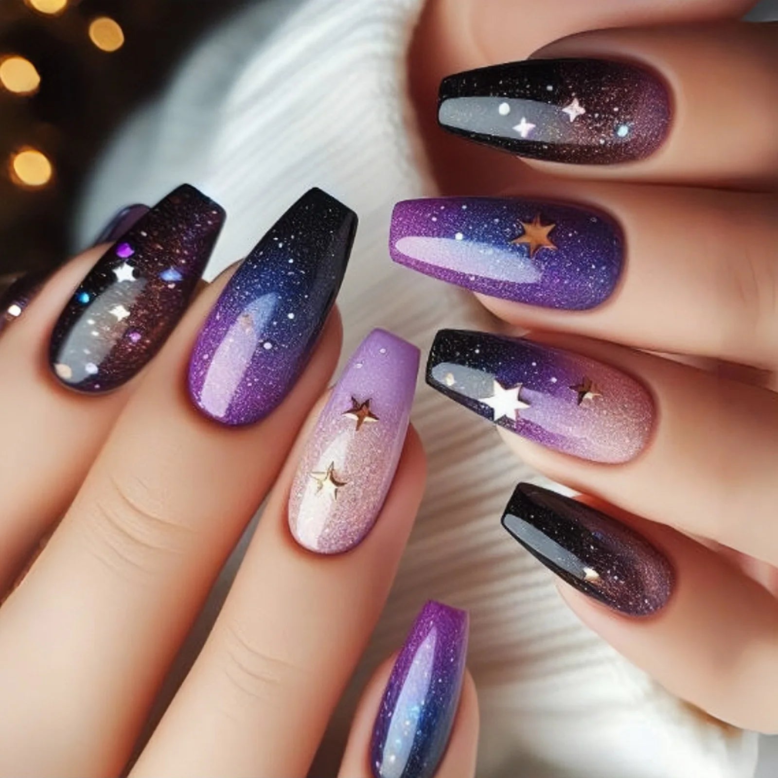 24pcs/set medium long fake nails square ballet nail tips glitters starry sky moon star feather design press on false nail art