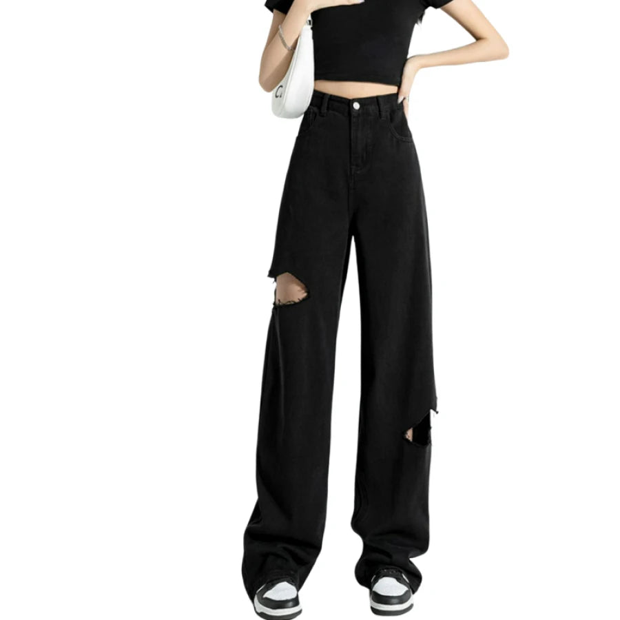 Black Ripped Jeans Women Summer New Straight Y2k Jeans Korean Fashion Women Pants High Waist Wide Demin Pant Black