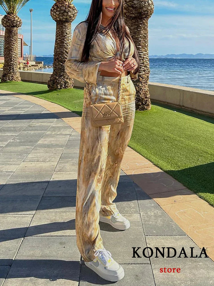 KONDALA Vintage Tie Dye Print Women Suit V-Neck Long Sleeve V Neck Shirts+High Waist Straight Loose Pants Fashion Sets