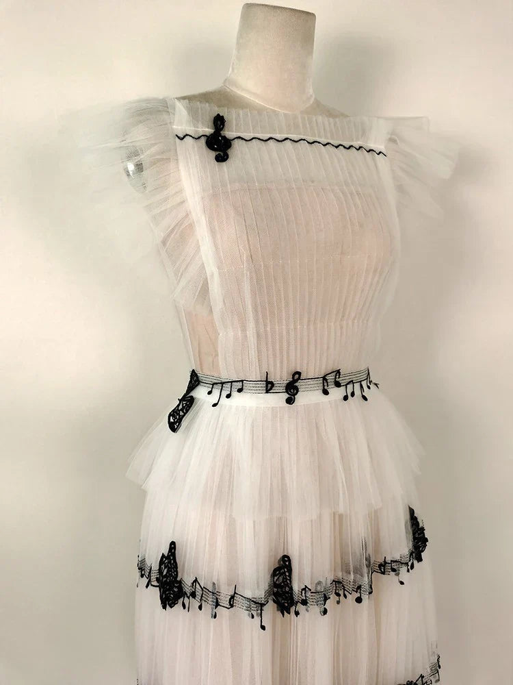 DEAT Gauze Women Dress Print Short Flying Sleeve A Line High Waist Medium Long Elegant Chic Style New Spring 15KB5996