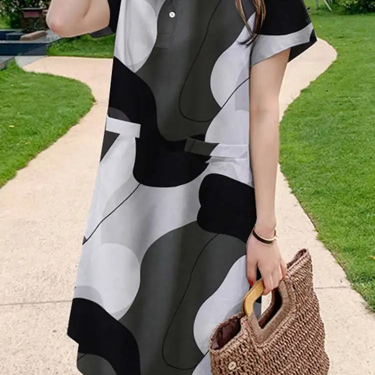 Casual Floral Print Dresses Women Holiday Short Sleeve Vestidos Oversize Shirt Robe Elegant Summer Mini Sundress black