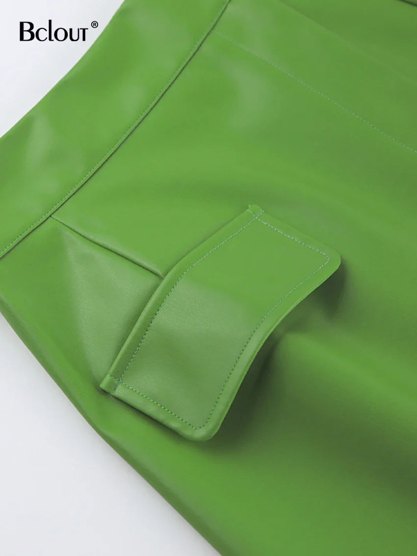 Bclout Autumn Green Leather Skirts Womens 2022 Elegant High Waist Office Lady Patchwork Mini Skirt Fashion Sexy Short Skirts Y2k