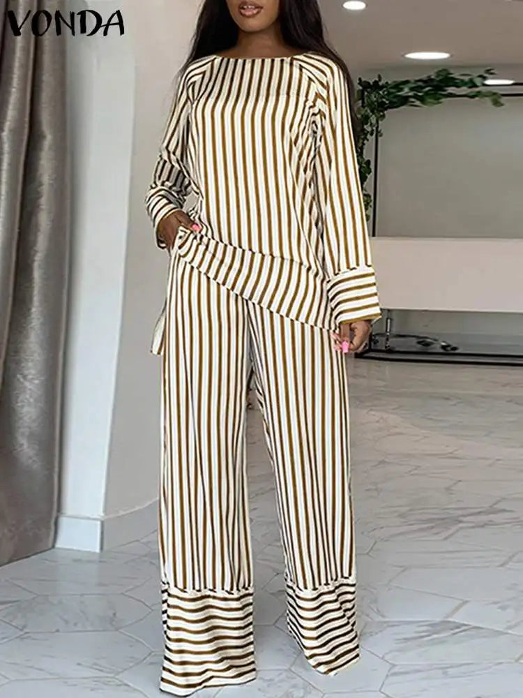 Plus Size 5XL VONDA Women Stripe Pant Sets 2024 Summer Fashion Long Sleeve Tops and High Waist Pants Casual Loose Elegant Suit