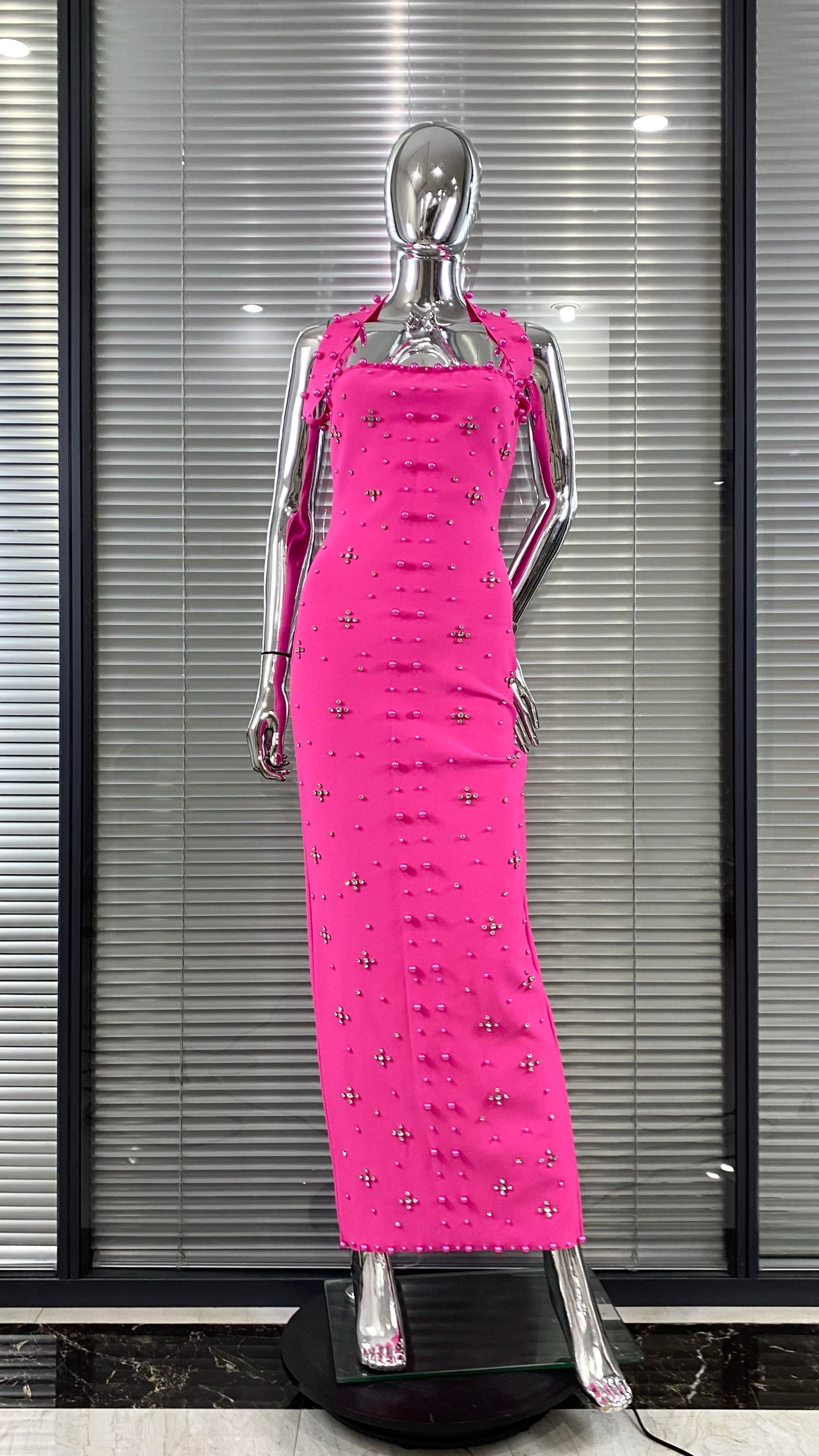 Luxury Shining Diamond Pearl Beading Halter Ankle Length Bandage Dress Elegant Woman Evening Party Vestido Birthday Party Outfit