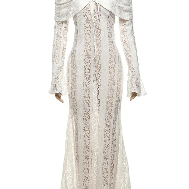 Vintage Cream Floral Lace Off Shoulder Maxi Dress Fashion Flare Long Sleeve Hollow Out Slim Dresses 2024 Elegant Lady Party Robe