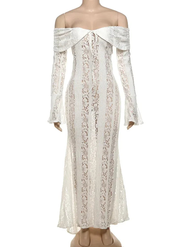Vintage Cream Floral Lace Off Shoulder Maxi Dress Fashion Flare Long Sleeve Hollow Out Slim Dresses 2024 Elegant Lady Party Robe