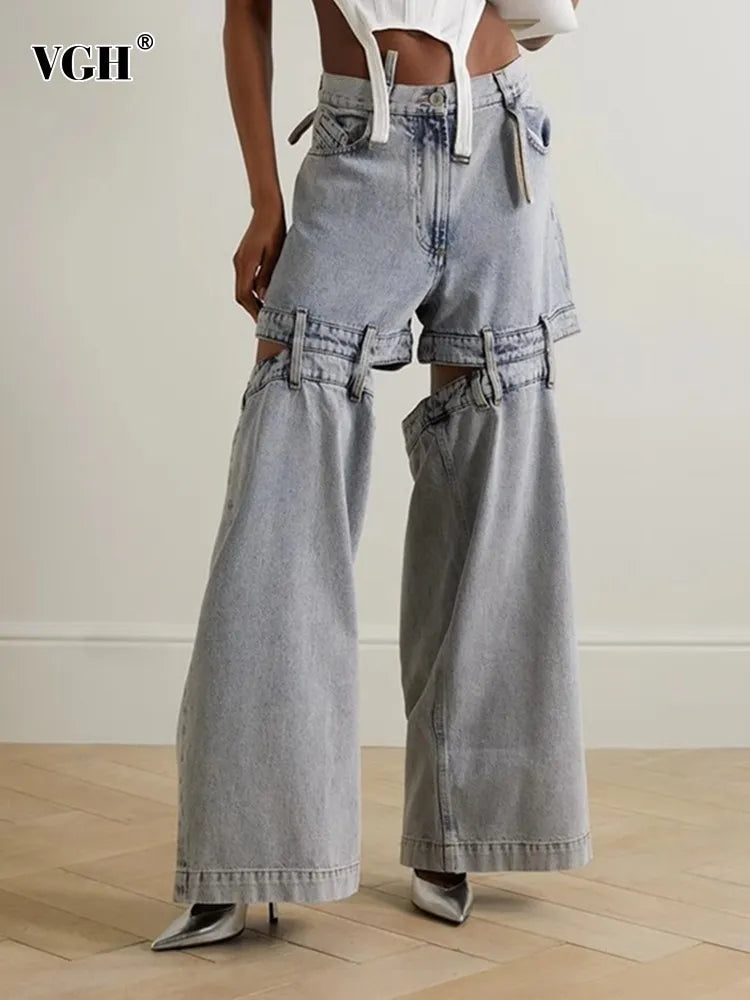 Hollow Out Streetwear Denim Trousers For Women High Wasit Loose Patchwork Wide Leg Pats Female Fashion Summer Clothing New