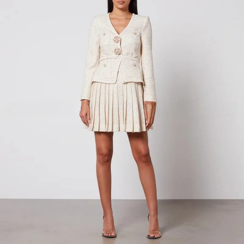 TWOTWINSTYLE Solid Slimming Two Piece Sets for Women V Neck Long Sleeevs Spliced Button Top High Waist Pleated Skirts Set Female