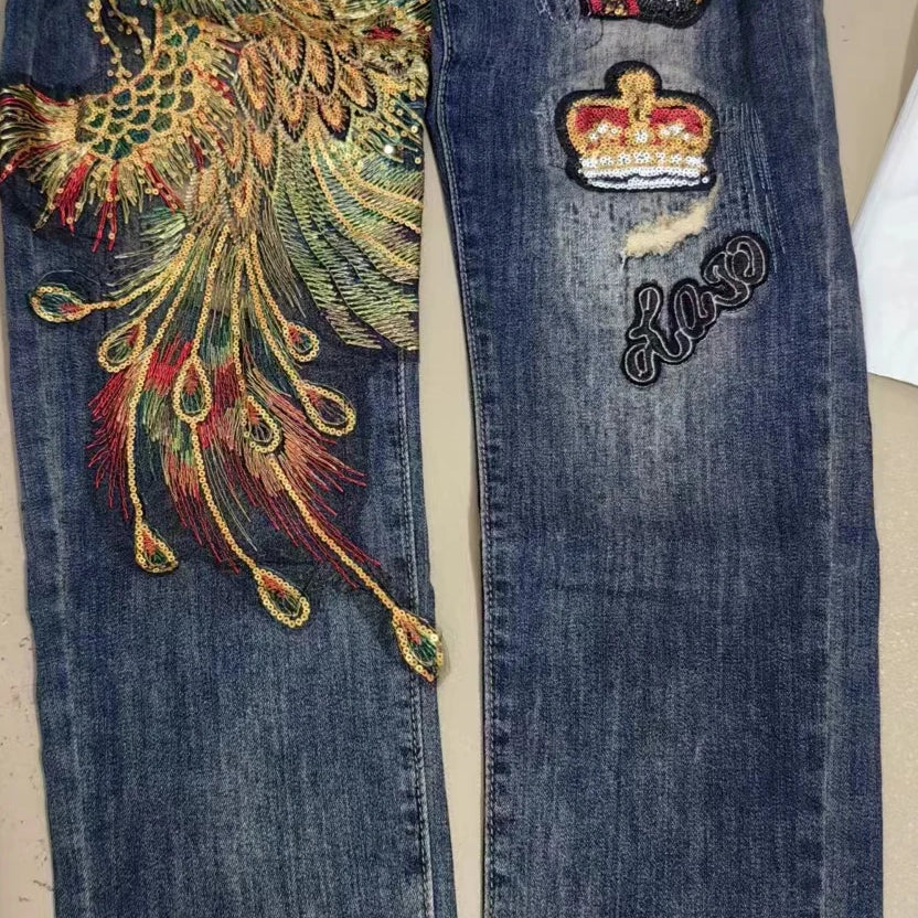 Spring Jeans Women Autumn Winter Ins Fashion Female Embroidery Sequins Phoenix Holes Slim Denim Pants Girls Ladies Clothes black blue