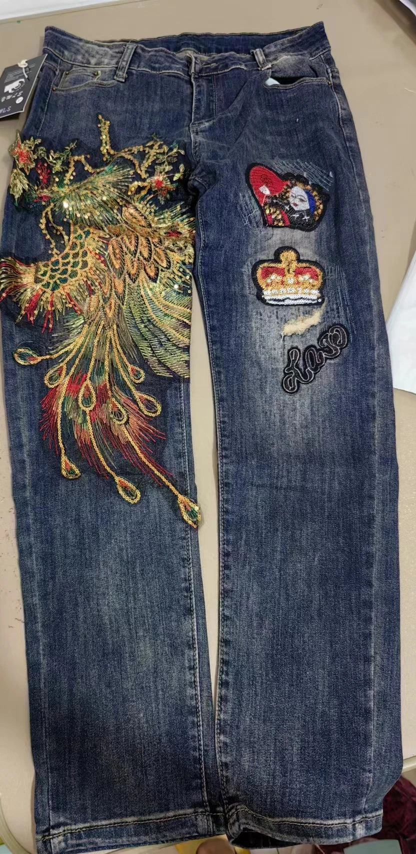 Spring Jeans Women Autumn Winter Ins Fashion Female Embroidery Sequins Phoenix Holes Slim Denim Pants Girls Ladies Clothes black blue