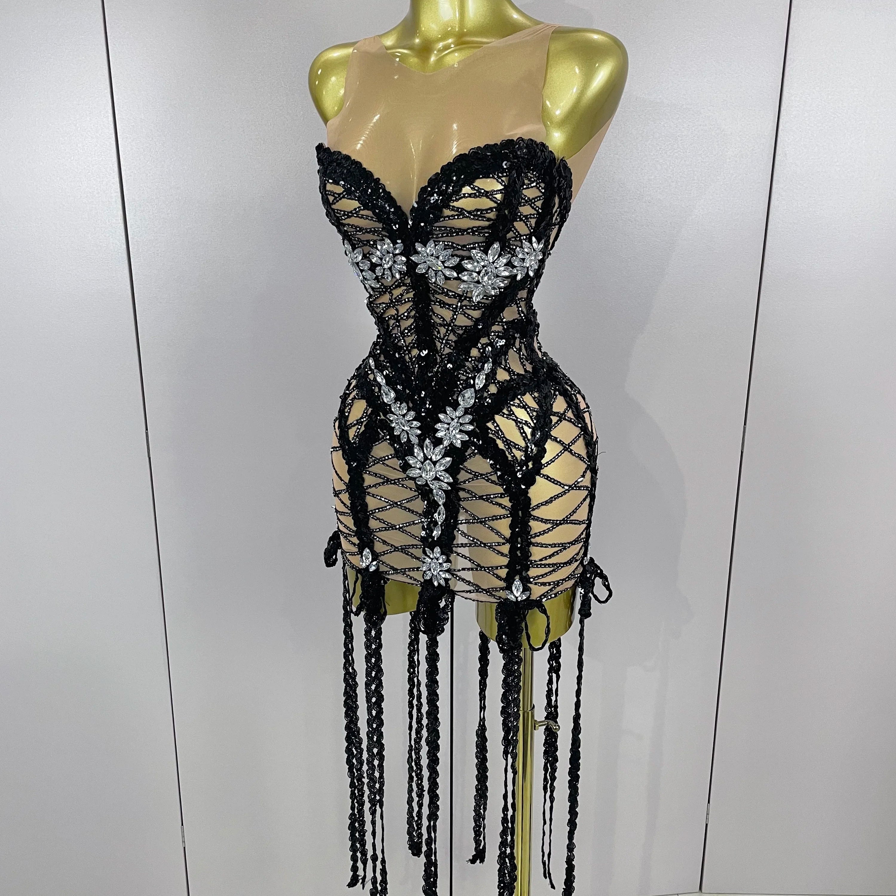 Sparkle Sequins Embroider Sparking Diamonds Long Tassel Sleeveless Mini Dress Women Red Carpet Goddess Stage Performance Costume