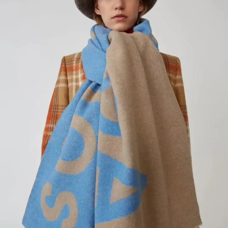 Winter Thickened Letter Shawl for Women Thermal Warm Resistant Wool Scarf Outdoor Fashion Versatile Windproof Women Accessories AC Letter - Sky Blue 70X210