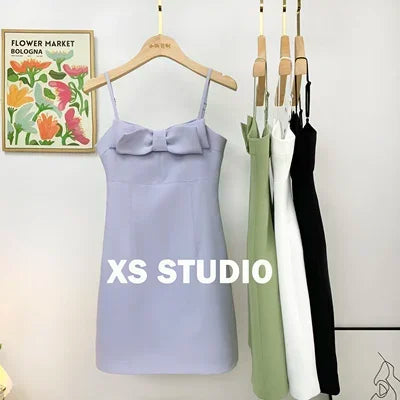 French New Female Sexy Bow Above Knee Suspender Dress Women's Summer Fashion Elegant Sleeveless A- Line High Waist Dress style B purple