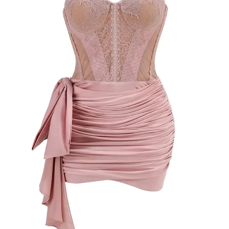 VC Black Lace Bow Mini Dress See Through Ruched Short Dress Celebrity Night Club Wear Cocktail Party Outfits