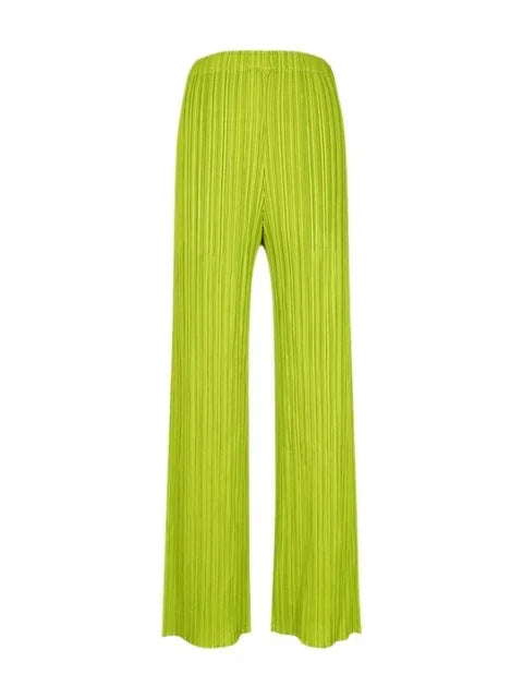Spring Summer Autumn Women Casual Elegant Ladies Miyake Designer Casual Loose Straight Pleated Pants High Waist Trousers Fluorescent green One Size