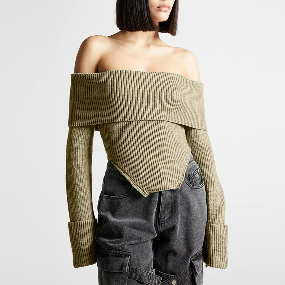 Solid Temperament Sweaters For Women Slash Neck Long Sleeve Tunic Irregular Minimalist Sweater Female Fashion Style