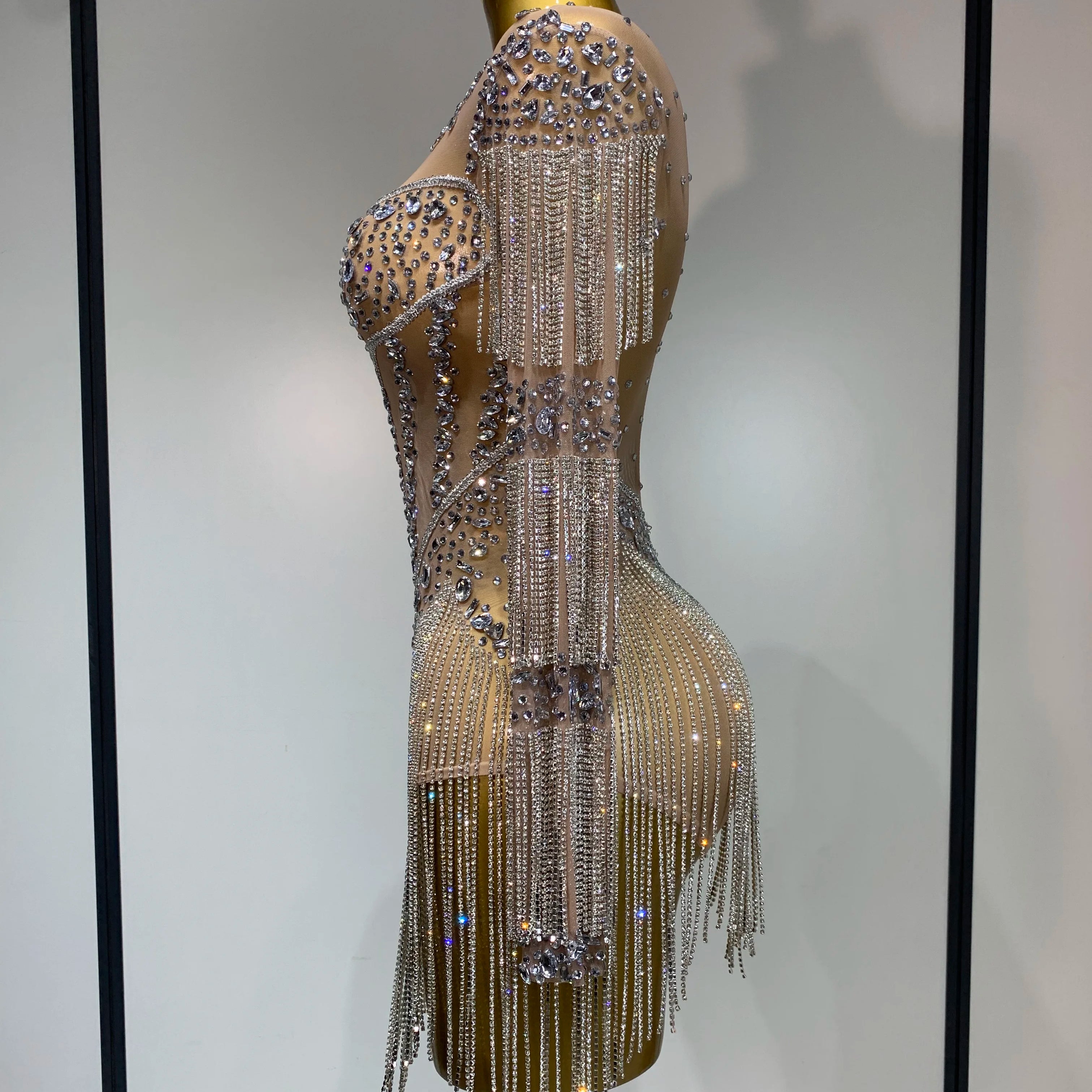 Women Sexy Mesh See Through Performance Dance Nightclub Rompers Singer Stage Outfit Sparkly Rhinestone Bodysuit Birthday Wear