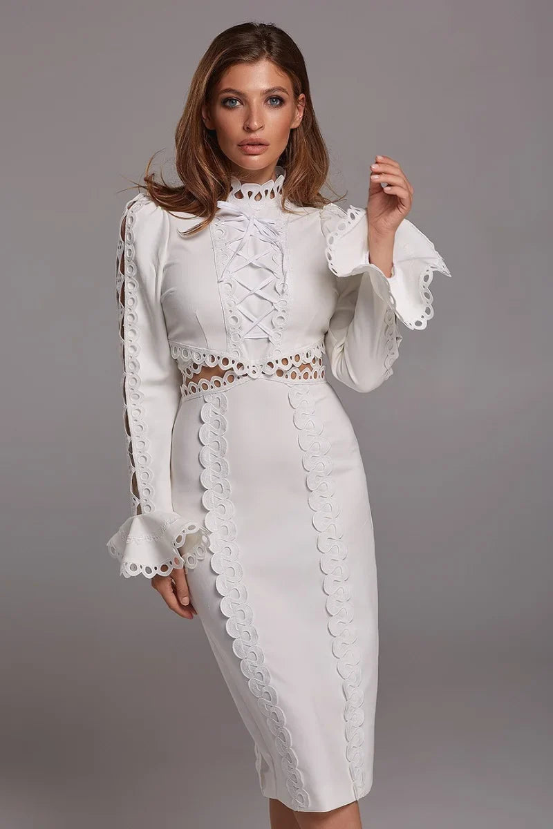Midi Dress Women O-Neck Long Sleeve Lace Flare Hollow Out Patchwork Back Split Fashion Designer Ladies Streetwear