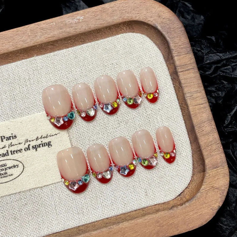 10 peças unhas postiças curtas amendoadas artesanais, estilo olho de gato, com laço 3D vermelho, acabamento em unhas, bolinhas, renda, borda, oval