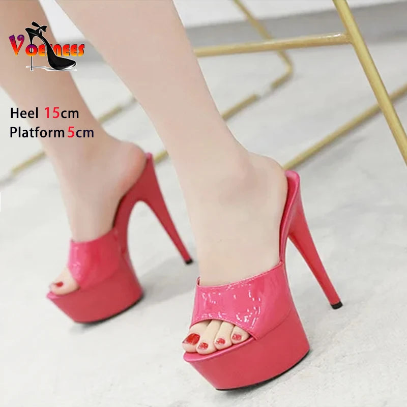Patent Leather Women Shoes Thin Heels Sexy Waterproof Platform High Heels Sandals Female Summer Slip On Slippers Size 43
