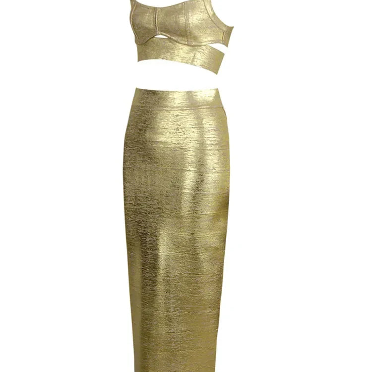 Women Summer Sexy Sleeveless Backless Bronzing Gold Midi Bodycon Skirt Bandage Set Elegant Evening Club Party Outfits