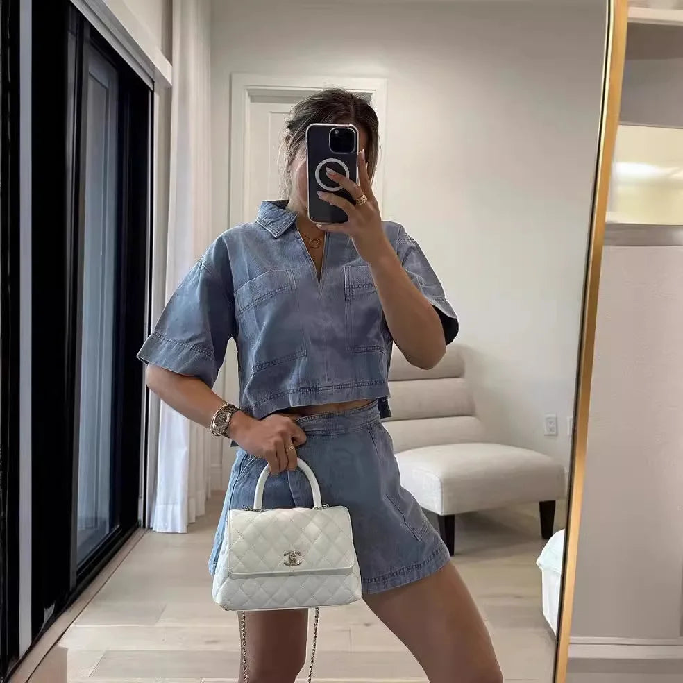 Summer Women Blue Denim Skirt Suit Loose 2 Piece Set Short Sleeve with Pocket Shirt and Irregular Skirt Female Street Out